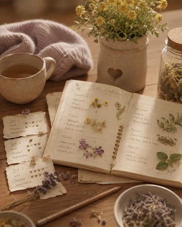 Ouvrez le journal d’infusion aux herbes avec des fleurs pressées et des notes manuscrites.