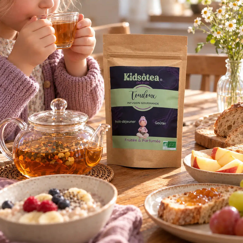 Une poche refermable brune de tisane aux enfants de "kidsôtea toundoux" pour enfants, étiquetée « fruité & parfumé » avec un personnage de dessin animé sur la face avant.