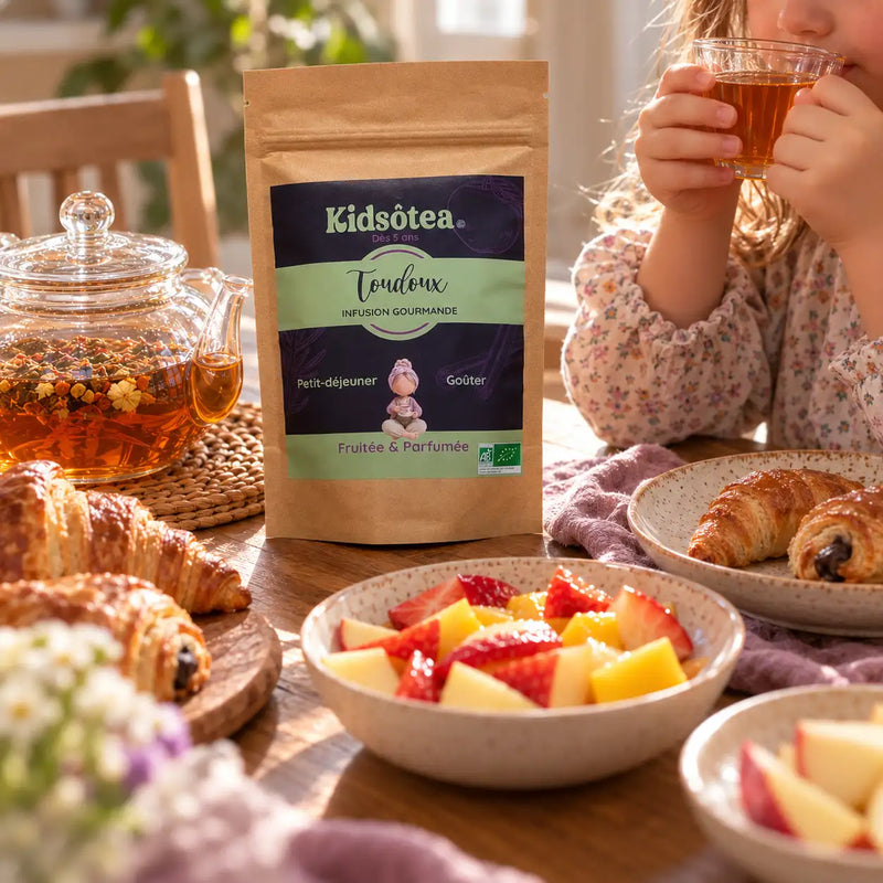 Une pochette refermable brune de tisane gourmet de kidsôtea toudoux, avec une étiquette bleu foncé et verte comportant l’illustration d’un enfant en rose.